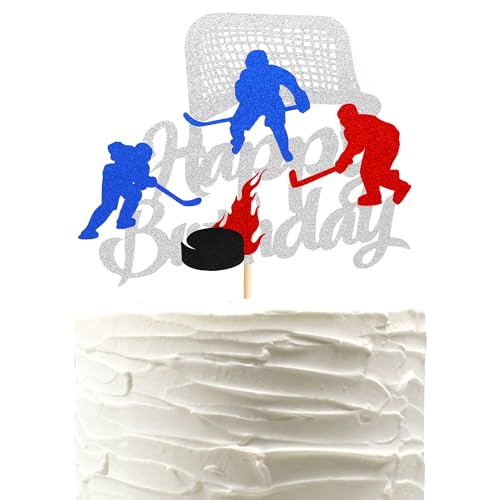 Arthsdite 1 x Eishockey-Kuchenaufsatz Happy Birthday Schild Sport Kuchen Dekorationen Puck Thema für Kinder Mädchen Junge Mann Frauen Geburtstag Party Supplies – Silber Glitzer von Arthsdite