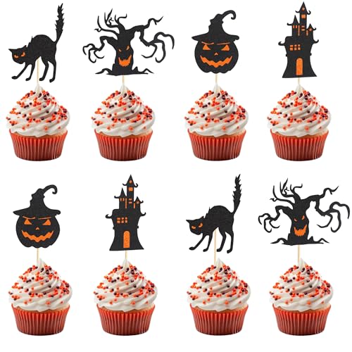 Arthsdite 24 Stück Halloween Cupcake Topper Picks Halloween Party Kuchen Dekorationen Kit mit Kürbis Spukhaus Katzenbaum für Babyparty Geburtstag Geschlecht Enthüllung Kuchen Dekoration von Arthsdite