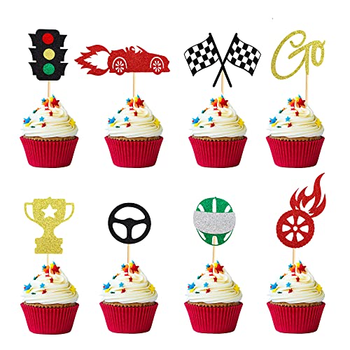 Arthsdite 24 Stück Rennauto-Cupcake-Topper, Ampel-Lenkrad, Trophäe, Helm, Rennauto, Cupcake-Picker für Let's Go, Racing, Sport, Thema, Babyparty, Jungen, Geburtstagsparty, Kuchendekorationen von Arthsdite