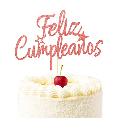 Arthsdite Feliz Cumpleaños Cake Topper - Spanische Feliz Cumpleaños Kuchendekoration, Happy Birthday Cake Topper, Fiesta Thema Party Dekoration Supplies - Rose Gold Glitter von Arthsdite