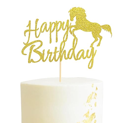 Arthsdite Pferde Happy Birthday Cake Topper, Pferderennen Thema Geburtstag Party Dekoration für Jungen Mädchen Männer Frauen Kinder Geburtstag Party Dekoration Supplies-Gold Glitter von Arthsdite