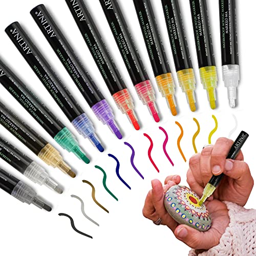 Artina 12tlg Acryl Marker Set wasserfest Acrylstifte für Steine Glas Leinwand Keramik Holz – extra dicke Acrylmarker Steine bemalen Wasserfeste acryl stifte Filzstifte – acrylic paint marker von Artina