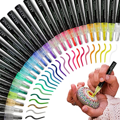 Artina 24 Acrylstifte Set Markilo MA – 4 mm Spitze - Wasserfeste Filzstifte Permanent Marker mit leuchtenden Farben Schnelltrocknend & Hochpigmentiert Acryl Stifte zum Malen für Steine, Leinwand von Artina