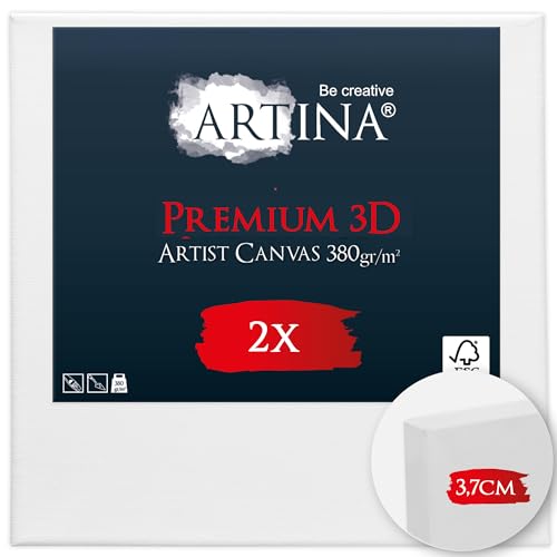 Artina 2er Set 3D Leinwand 20x20cm – Bespannt auf stabilem FSC® Keilrahmen, verzugsfrei, 3-fach weiß vorgrundiert, Premium Qualität, 100% Baumwolle, 380 g/m² – Künstlerbedarf von Artina