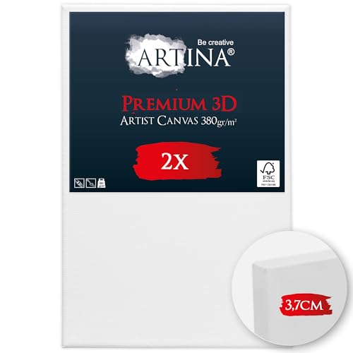 Artina 2er Set 3D Leinwand 20x30cm – Bespannt auf stabilem FSC® Keilrahmen, verzugsfrei, 3-fach weiß vorgrundiert, Premium Qualität, 100% Baumwolle, 380 g/m² – Künstlerbedarf von Artina