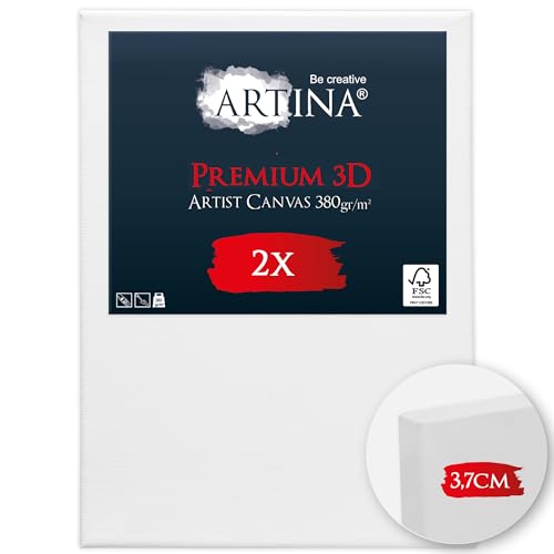 Artina 2er Set 3D Leinwand 50x70cm – Bespannt auf stabilem FSC® Keilrahmen, verzugsfrei, 3-fach weiß vorgrundiert, Premium Qualität, 100% Baumwolle, 380 g/m² – Künstlerbedarf von Artina