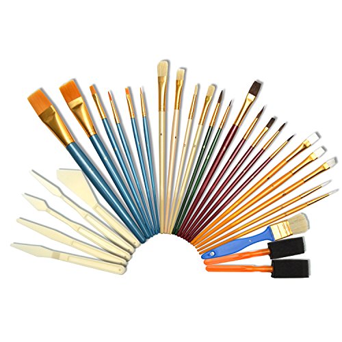 Artina 30-TLG Pinselset – Pinsel Set mit Borstenpinsel, Rundpinsel, Flachpinsel, Schwammpinsel & Malspachtel – Natur- & Nylon-Borsten Pinsel für Acryl-, Aquarell-, & Ölmalerei von Artina