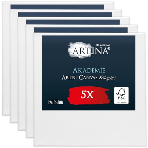 Artina FSC® Keilrahmen 5er Set Akademie 15x15 cm – Leinwand Set Maltuch aus 100% Baumwolle Leinwände 280 g/m² - Keilrahmenset Leinwand zum Bemalen für Acryl-, Aquarell-, Ölfarbe uvm von Artina