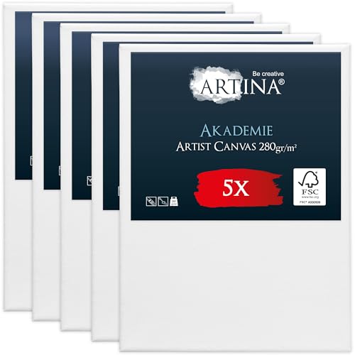 Artina Akademie Leinwand 5er Set 30x40 cm Leinwand auf FSC® Keilrahmen aus 100% Baumwolle auf stabilem Keilrahmen in Akademie Qualität - 280 g/m² zum Bemalen von Artina