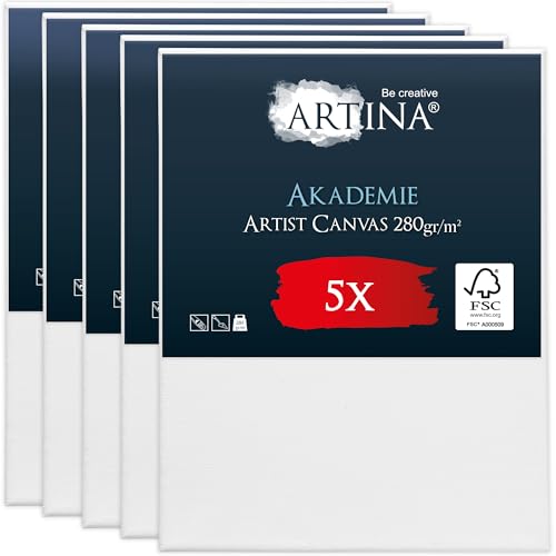 Artina FSC® Keilrahmen 5er Set Akademie 40x50 cm – Leinwand Set Maltuch aus 100% Baumwolle Leinwände 280 g/m² - Keilrahmenset Leinwand zum Bemalen für Acryl-, Aquarell-, Ölfarbe uvm von Artina