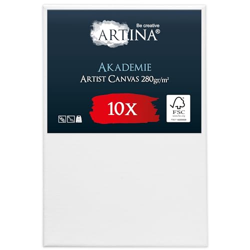 Artina FSC® Keilrahmen 10er Set Akademie 20x30 cm – Leinwand Set Maltuch aus 100% Baumwolle Leinwände 280 g/m² - Keilrahmenset Leinwand zum Bemalen für Acryl-, Aquarell-, Ölfarbe uvm von Artina