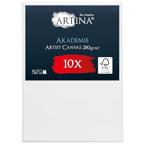 Artina FSC® Keilrahmen 10er Set Akademie 50x70 cm – Leinwand Set Maltuch aus 100% Baumwolle Leinwände 280 g/m² - Keilrahmenset Leinwand zum Bemalen für Acryl-, Aquarell-, Ölfarbe UVM von Artina