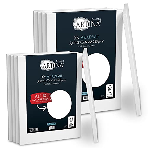 Artina FSC® Keilrahmen 10er Set Akademie 5x 40x50 cm & 5x 30x40 cm – Leinwand Set Maltuch aus 100% Baumwolle Leinwände 280 g/m² - Keilrahmenset Leinwand zum Bemalen für Acryl-, Aquarell-, Ölfarbe uvm von Artina