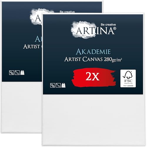 Artina FSC Keilrahmen 2er Set Akademie 40x50 cm – Leinwand Set Maltuch aus 100% Baumwolle Leinwände 280 g/m² - Keilrahmenset Leinwand zum Bemalen für Acryl-, Aquarell-, Ölfarbe UVM von Artina