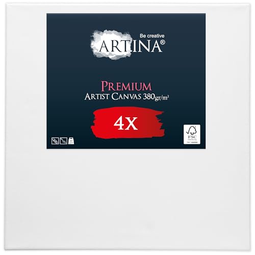 Keilrahmen Leinwand zum Bemalen 40x40 cm – Artina Premium 4er Set FSC® Leinwand Keilrahmen Leinwände für Acrylfarben Canvas 100% Baumwolle – bespannte Keilrahmen Set Leinwände zum malen Leinwand Weiß von Artina