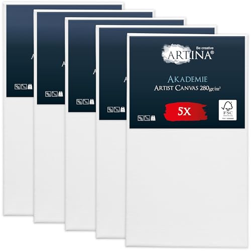 Keilrahmen Leinwand zum Bemalen 80x140 cm – Artina FSC® 5er Set Leinwand bespannte Keilrahmen Leinwände für Acrylfarben Canvas 100% Baumwolle von Artina