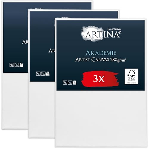 Keilrahmen Leinwand zum Bemalen 90x130 cm – Artina FSC® 3er Set Leinwand bespannte Keilrahmen Leinwände für Acrylfarben Canvas 100% Baumwolle von Artina