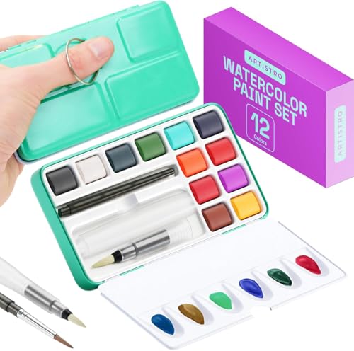 ARTISTRO Aquarellfarben Set 12 Farben in Tragbarer Box, Inklusive Metallic- und Fluoreszenzfarben, 2x Pinsel, Aquarellpapier, Acrylstifte, Aquarell für Reisen, Wasserfarben für Künstler und Hobbymaler von Artistro