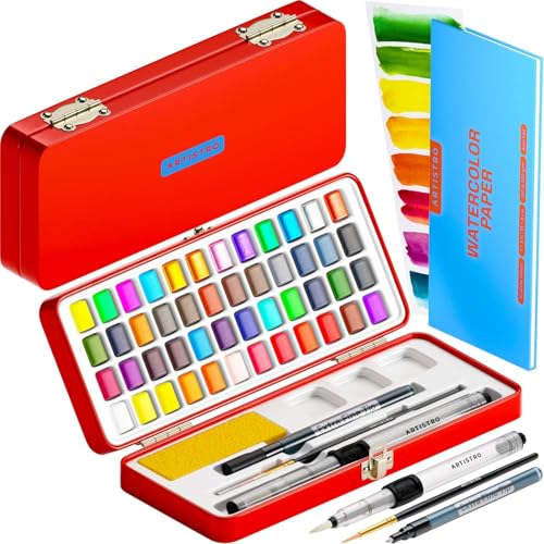 ARTISTRO Aquarellfarben Set 48 Farben in Tragbarer Box, Inklusive Metallic- und Fluoreszenzfarben, 2x Pinsel, Aquarellpapier, Acrylstifte, Aquarell für Reisen, Wasserfarben für Künstler und Hobbymaler von Artistro