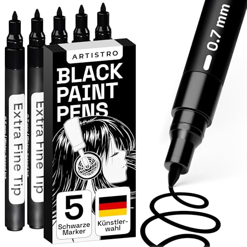 Artistro Acrylstifte Schwarz, Zeichenstifte, Stifte für Steine, Felsmalerei, Keramik, Glas, Holz, Metall, Leinwand, DIY, 5-er Set Acrylfarbe Permanent Marker auf Wasserbasis mit Extra-Feiner Spitze von Artistro