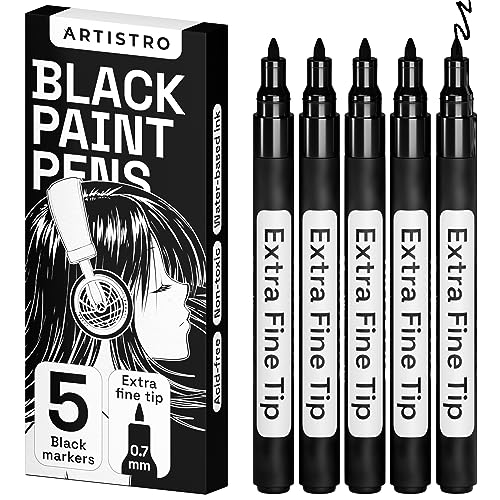 Artistro 5 Acrylstifte Schwarz, Zeichenstifte, Stifte für Steine, Felsmalerei, Keramik, Glas, Holz, Metall, Leinwand, DIY, 5-er Set Acrylfarbe Permanent Marker auf Wasserbasis mit Extra-Feiner Spitze von Artistro