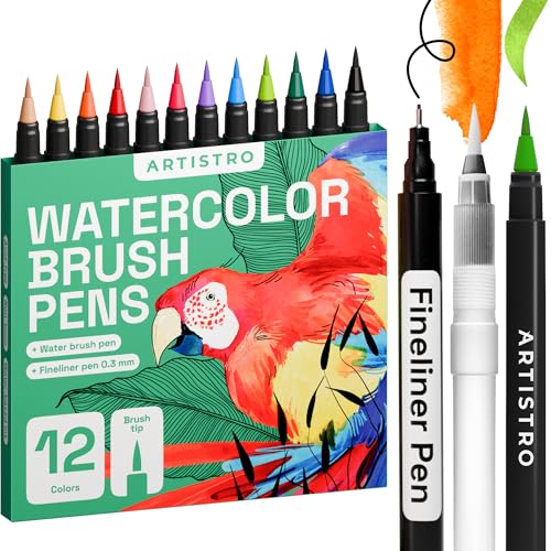 Artistro 12+2 Aquarellstifte Brush Pen Set, Aquarellmarker mit Fineliner-Stift und Flexiblen Pinselstiften ideal zum Malen, Kalligraphie und Manga für Profis und Anfänger von Artistro