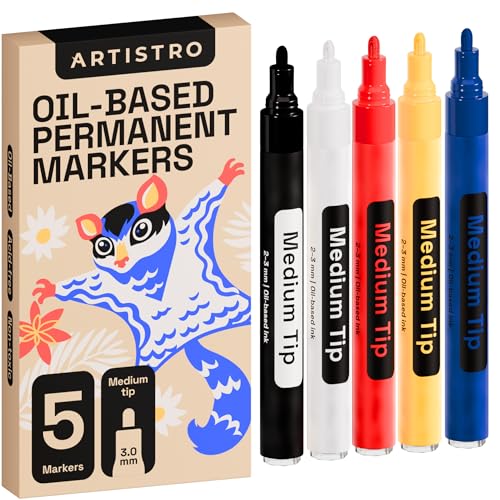 Artistro 5 Ölbasierte Permanent-Marker – Verschiedene Sets mit feiner und mittlerer Spitze für Holz, Stein, Stoff, Glas, Keramik, Metall, Kunststoff und mehr – Schnelltrocknend, wasserfest, permanent von Artistro