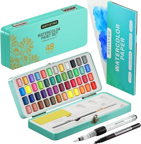 Artistro Aquarellfarben Set, 48 Lebendige Farben in Tragbarer Box, Malset, Inklusive Metallic- und Fluoreszenzfarben, Perfektes Reise-Wasserfarben für Künstler, Hobbymaler und Malerei-Liebhaber von Artistro