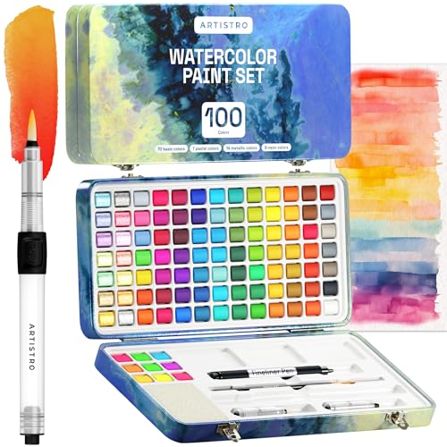 Artistro Aquarellfarben Set 100 Farben in Tragbarer Box Inklusive Metallic- und 7 Fluoreszenzfarben, Wasserfarben mit Aquarellpapier, Pinsel und andere Zeichnung Werkzeuge, für Künstler und Hobbymaler von Artistro