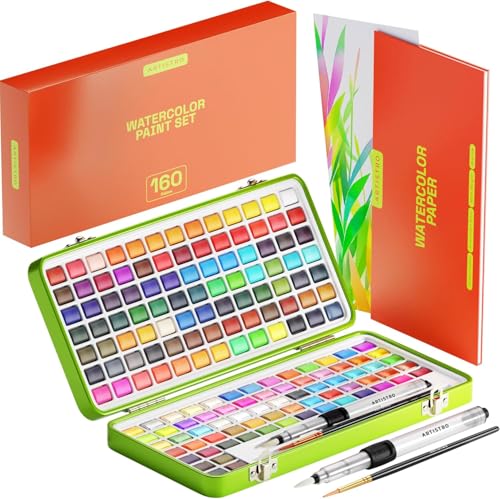 Artistro Aquarellfarben Set 160 Farben mit Pinsel und Aquarellpapier, Tragbarer Box Aquarellset, Aquarell set für Reisen, Wasserfarben für Künstler und Hobbymaler von Artistro