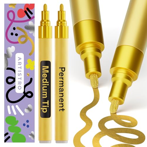 Artistro Permanent Marker Gold - 2 Stück Acrylstifte Gold - Wasserfest Filzstift mit 3 mm Spitze, Schnell Trocknender Glanzlackmarker für Textil, Stein, Keramik, Glas, Holz, Metall, Karton von Artistro