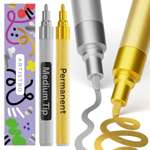 Artistro Metallic-Permanentmarker – Set mit 2 goldenen und silbernen Farbstiften, ölbasierte Farbmarker, mittlere Spitze 3 mm, wasserfester Marker für Steinmalerei, Keramik, Glas, Holz, Stoff von Artistro