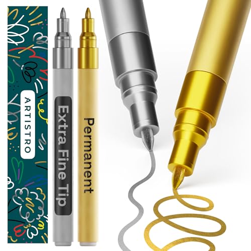 Artistro Metallic-Permanentmarker – Set mit 2 goldenen und silbernen Farbstiften, ölbasierte Farbmarker mit extra feiner Spitze 0,7 mm, wasserfester Marker für Stein, Keramik, Glas, Holz, Stoff von Artistro