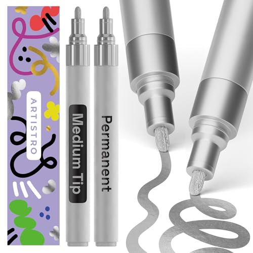 Artistro Metallic-Permanentmarker – Set mit 2 silbernen Farbstiften, Farbmarker auf Ölbasis, mittlere Spitze 3 mm, wasserfester, schnell trocknender Marker für Stein, Keramik, Glas, Holz, Stoff von Artistro