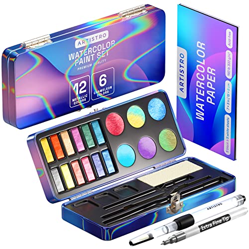 Artistro Metallisch Aquarellfarben Set, 18 Farben, Malset, 12 Metallic-Glitzer-Aquarellfarben und 6 Chamäleonfarben. Ideales Reise-Wasserfarben-Set für Künstler, Hobby-Bastler und Malerei-Liebhaber von Artistro