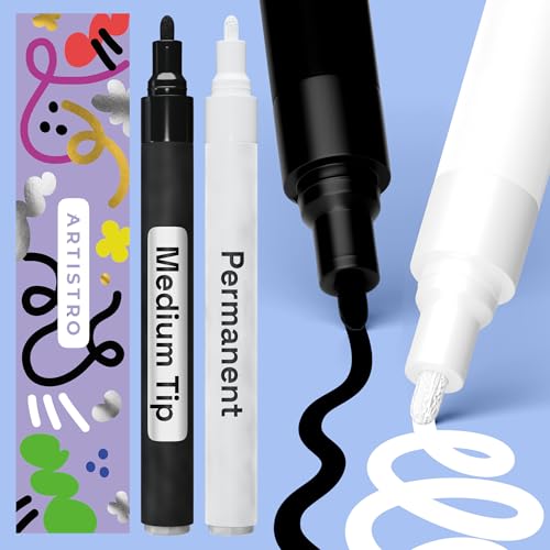 Artistro Permanent Marker Schwarz und Weiß - 2 Stück Acrylstifte - Wasserfest Filzstift mit 3 mm Spitze, Schnell Trocknender Glanzlackmarker für Textil, Stein, Keramik, Glas, Holz, Metall, Karton von Artistro