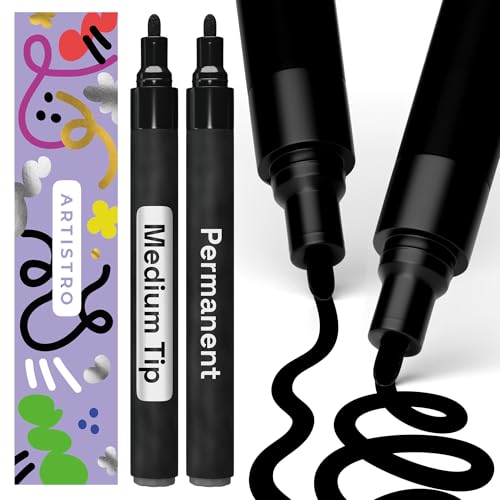 Artistro Permanent Marker Schwarz - 2 Stück Acrylstifte Schwarz - Wasserfest Filzstift mit 3 mm Spitze, Schnell Trocknender Glanzlackmarker für Textil, Stein, Keramik, Glas, Holz, Metall, Karton von Artistro