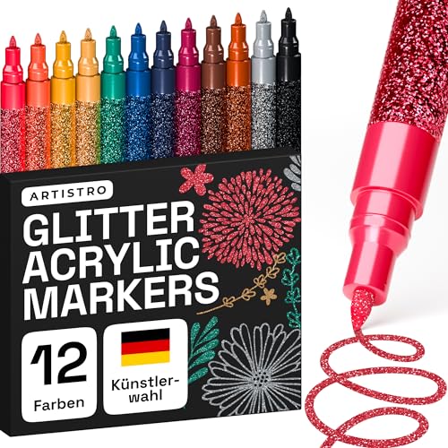 Artistro 12 Glitzer Filzstifte Zeichenset, Stifte zum Bemalen von Steinen, Felsmalerei, Keramik, Glas, Holz, Stoff, Scrapbooking, DIY Projekte, Set Acryl Glitzer Stifte mit Extra-Feiner Spitze 0,7mm von Artistro