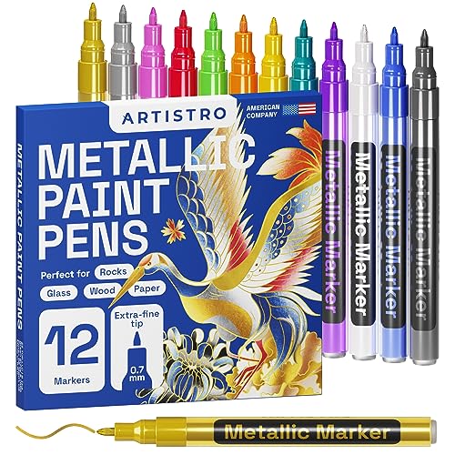 Artistro 12 Metallic Stifte, Stifte zum Bemalen von Steinen, Keramik, Glas, Holz, Stoff, DIY, Scrapbook Journaling, Fotoalben, Kartenherstellung, Marker Set mit Extra-Feiner Spitze 0,7mm von Artistro