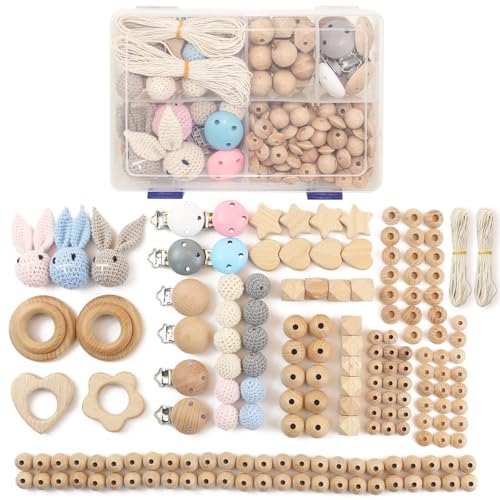 Artlatu 169 Stück Makramee Holzperlen Set, 138 Holzperlen, 12 Stück 20mm Häkelholzperlen, 8 Holzclips, 3 Stück Häkelhäschen,4 Stück Hölzerner Kreis 20m Bastelseile für DIY Schmuck, Heimwerker von Artlatu