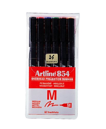 Artline 854 Folienschreiber 1,0 mm Medium Bullet Tip Permanent Marker, schwarz/blau/rot/grün/braun/orange (6 Stück) von Artline