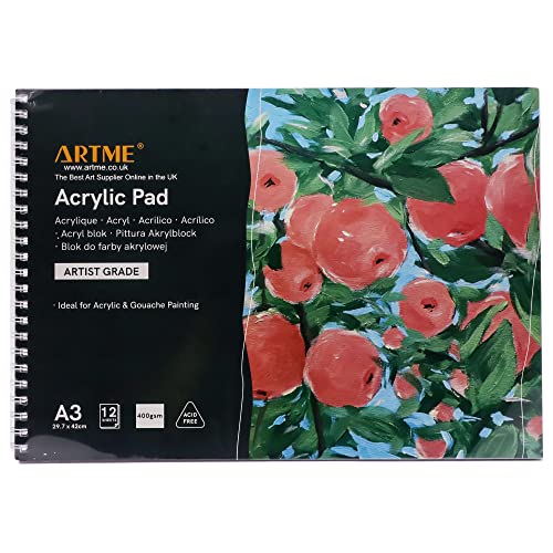 ARTME A3 Acrylblock x 12 Blatt / 400 gsm extra schwer/kaltgepresst/säurefrei für eine Vielzahl von nassen und trockenen Medien - Zeichenblock Skizzenbuch Acryl und Gouache-Malerei (A3 1 Stück) von Artme