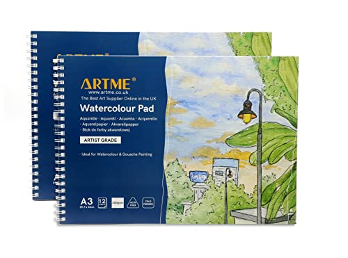 ARTME A3 Aquarellblock (2 Stück) x 12 Blatt / 300 g/m² / fest strukturiert/kaltgepresst/Zellulose-säurefrei/Premium-Qualität Zeichenblock Skizzenbuch Aquarelle & Gouache-Malerei (2 Stück) von Artme