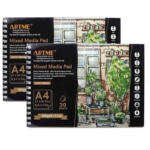 ARTME A4-Mixed-Media-Block 2st - 30 Blatt, 200 g/m², Spiralbindung, mit reißenden Schnittlinien, Skizzenbuch zum Zeichnen und Malen (A4 x 2) von Artme