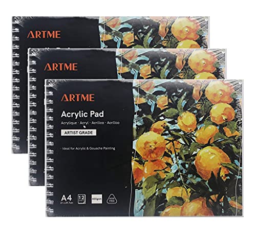 ARTME Acrylblock A4 (3 Stück) – 12 Blatt/400 g/m² extra schwer/kaltgepresst/säurefrei für eine Vielzahl von nassen und trockenen Medien-Zeichenblock Skizzenblock Acryl und Gouache-Malerei von Artme