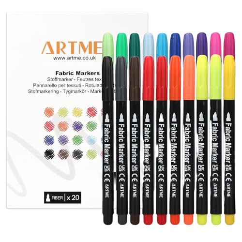 Artme Textilstifte 20 Farben Stoffmarker, Stoffstifte Permanenttinte zum Zeichnen auf Baumwolle, T-Shirts, Taschen, leuchtend, lichtbeständig von Artme