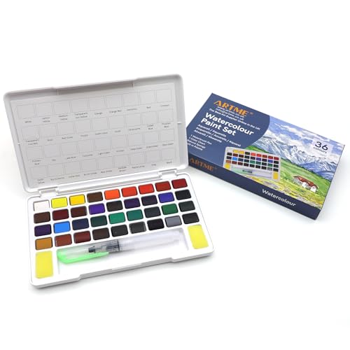 Artme Wasserfarben 36 Farben -Aquarellfarben in Näpfchen mit Mischpalette und Wassertankpinsel - Aquarell-Würfel-Malset - lebendige Farben von Artme