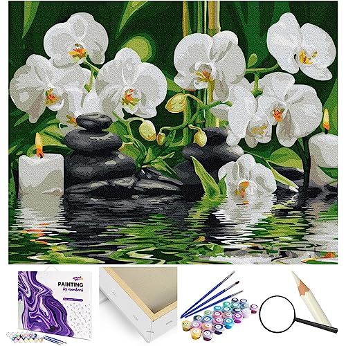 Artnapi Malen nach Zahlen Erwachsene mit Rahmen | DIY Handgemalt | Blumen - Orchideen im Wasser | Kit für Anfänger und Erwachsene | Set inklusive Acrylfarben & Pinsel | 40x50cm Leinwand von Artnapi