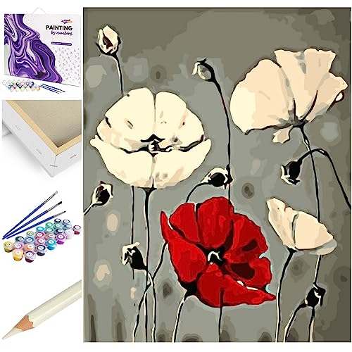 Artnapi Malen nach Zahlen Erwachsene mit Rahmen | DIY Handgemalt | Blumen - Mohnblumen | Kit für Anfänger und Erwachsene | Set inklusive Acrylfarben & Pinsel | 40x50cm Leinwand | Ideal als Geschenk von Artnapi