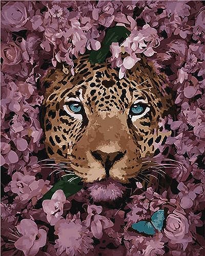 Artnapi Malen nach Zahlen Erwachsene mit Rahmen | DIY Handgemalt | Leopard in Blumen | Kit für Anfänger und Erwachsene | Set inklusive Acrylfarben & Pinsel | 40x50cm Leinwand | Ideal als Geschenk von Artnapi